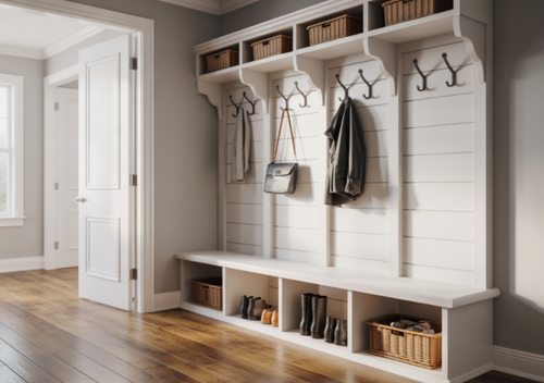 Durable Hardwood Flooring in a tidy mudroom