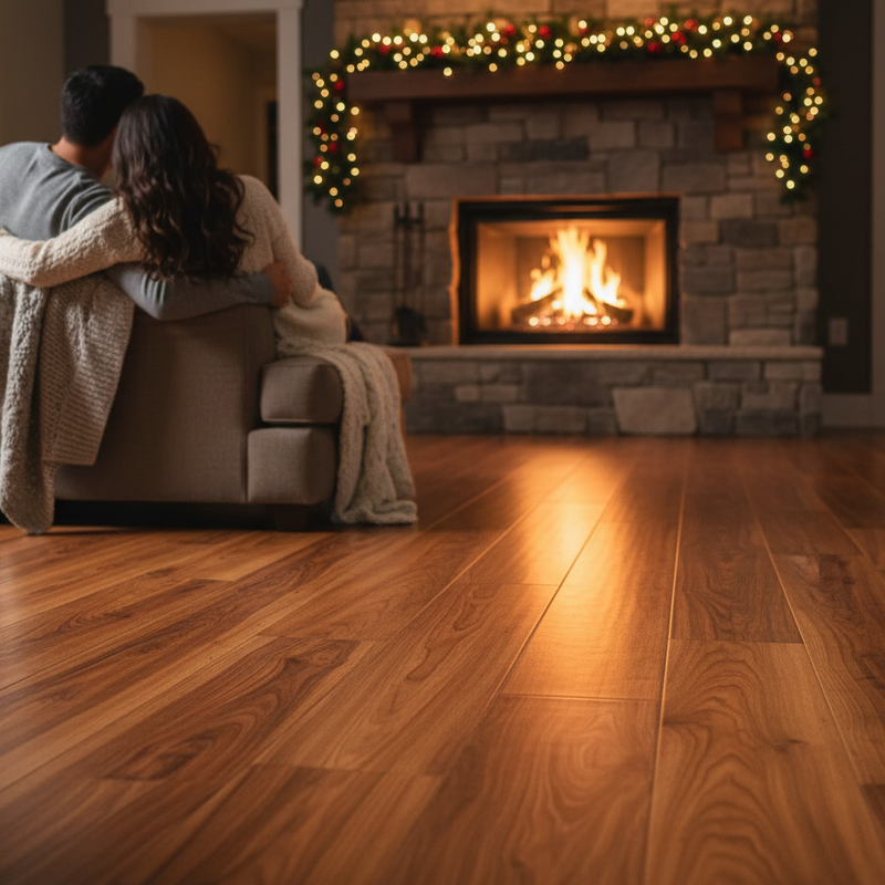 Holiday decor in a warm and cozy living room with hardwood flooring