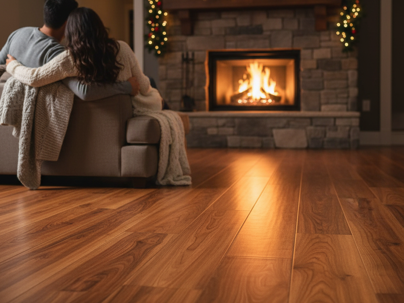Holiday decor in a warm and cozy living room with hardwood flooring