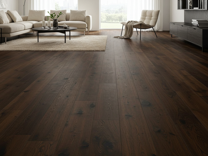 Solid Dark Hardwood Flooring in a Stylish Edmonton Living Room
